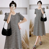 女装 显瘦中长款 T恤裙2024夏装 大码 新款 韩版 条纹短袖 连衣裙洋气潮
