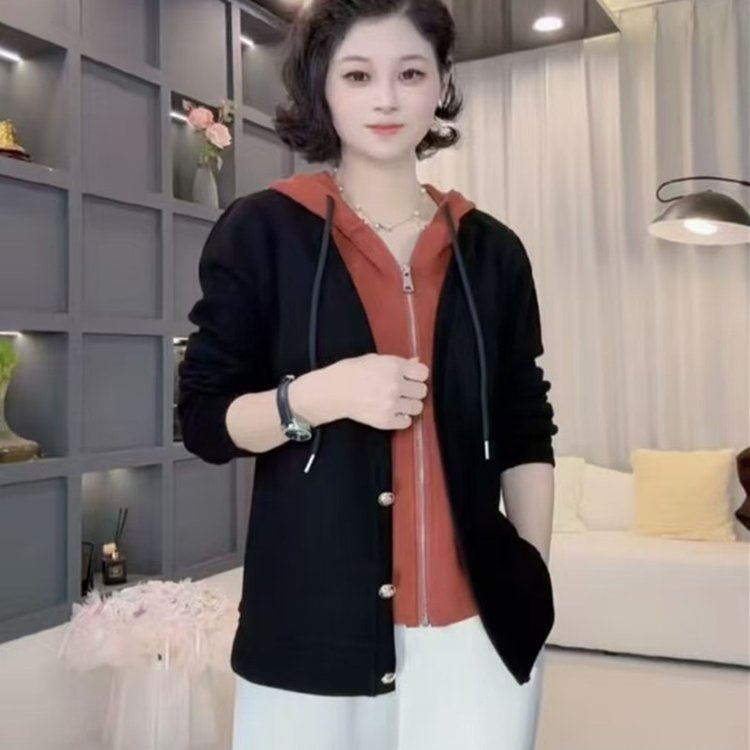 直播爆款2025秋季新款时尚连帽洋气拉链假两件卫衣女装潮