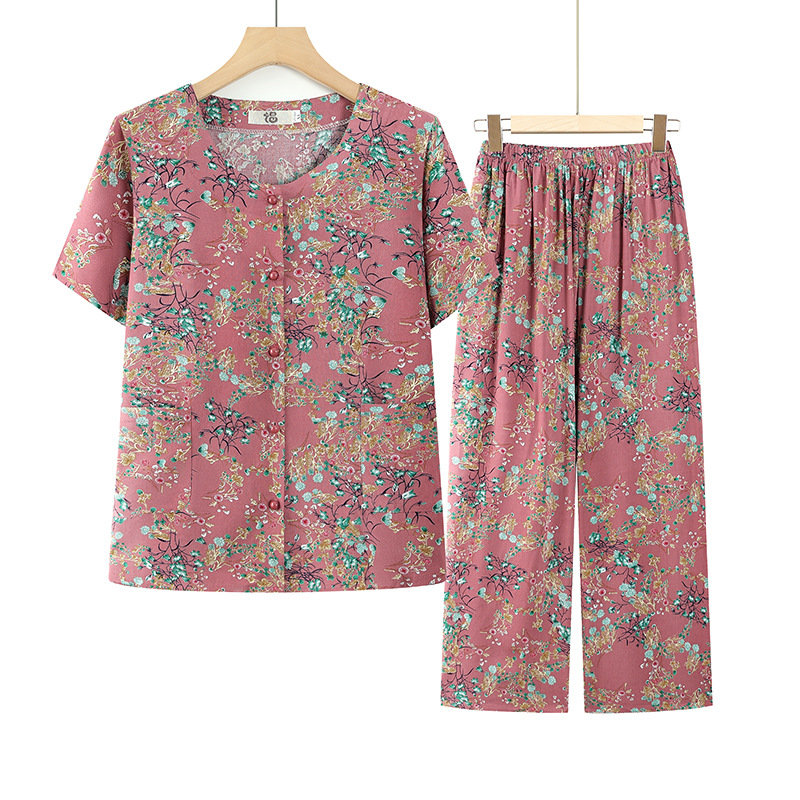 奶奶夏装棉绸短袖套装老年人女睡衣70岁妈妈夏季开衫老太太衣服