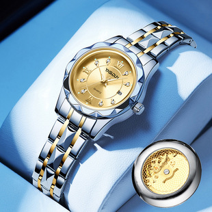 跨境手表镂空假机械手表女时尚夜光钢带女士手表防水日历女表