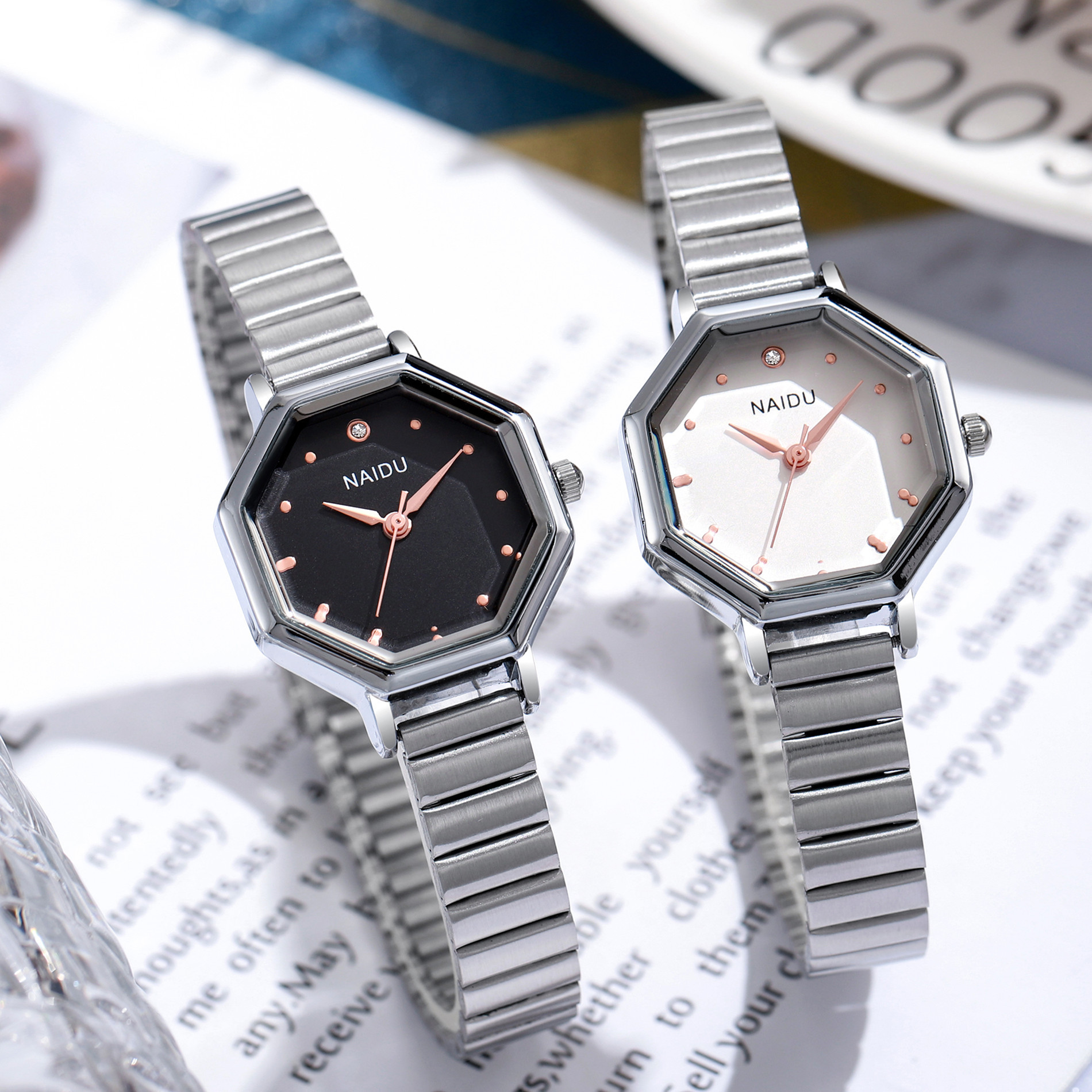 新品百搭时尚小众女士手表女款钢带气质八边形盘生活防水学生