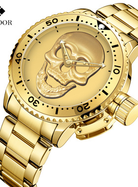 WWOOR/钢带骷髅头跨境手表石英圆表盘欧美时尚网红防水男士款