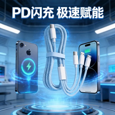 Type-C苹果华为小米安卓手机平板电脑一拖三车载充电线适用PD快充数据线三合一手机充电线闪充编织线Lightnin