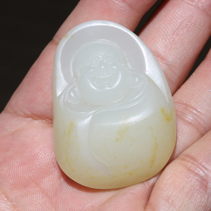 正宗新疆和田玉籽料洒金皮油润白玉钢板料苏工挂件玉笑佛推荐优质