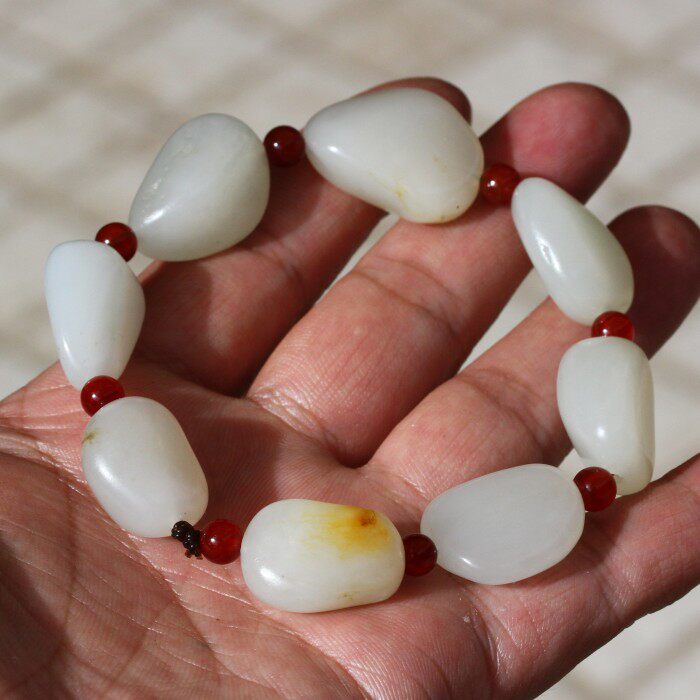 正宗新疆和田玉籽料原皮秋梨黄皮白玉原石精修男款手串手链优质玉