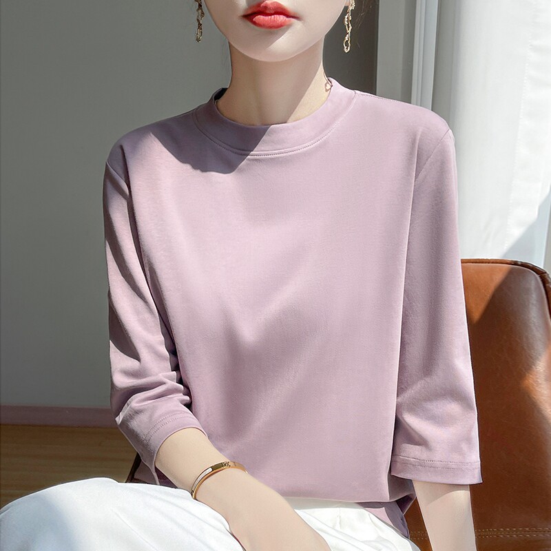 夏季新款纯棉T恤女七分袖宽松半高领正肩大码纯色打底上衣小立领