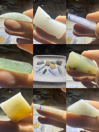 E565一盘8个天然缅甸翡翠边角料保真保A假一罚三大小对照硬币