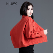 安可拉红色牛仔外套女春秋2026宽松短款 上衣小个子女士牛仔衣休闲