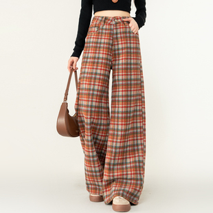 红色格子加绒裤子女2025新款冬季毛呢裤宽松显瘦直筒休闲裤阔腿裤