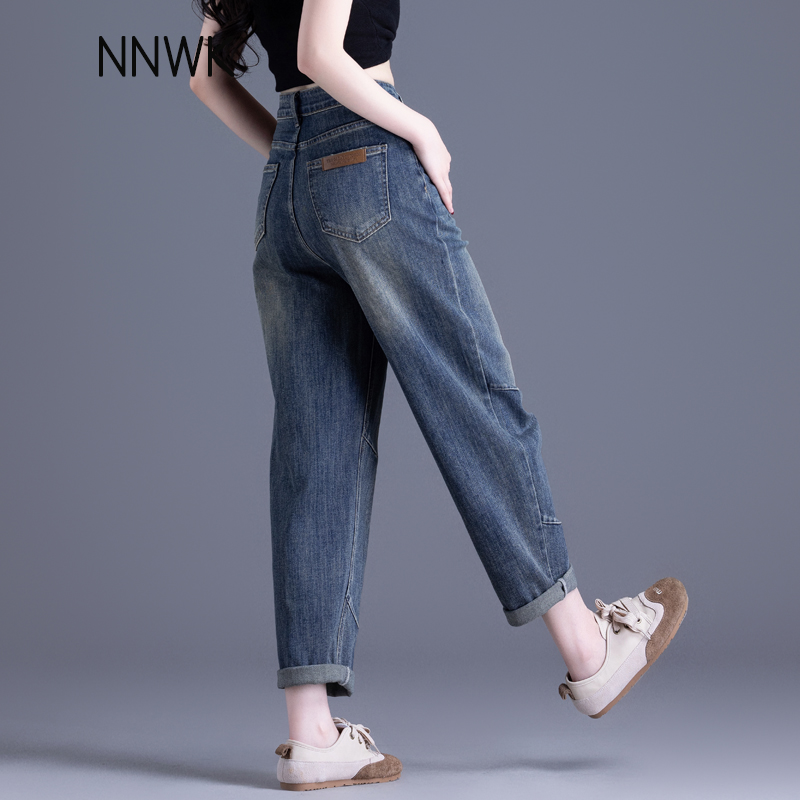复古哈伦牛仔裤女宽松卷边老爹裤