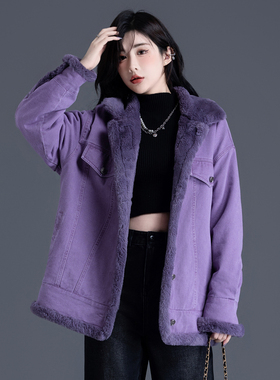 加厚加绒牛仔外套女秋冬款2025新款爆款独特超好看紫色上衣高级感