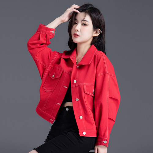 大红色牛仔外套女2025年新款春秋
