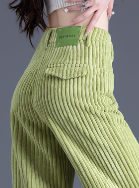 清仓雪尼尔裤子女春秋直筒绿色条绒阔腿裤女2025新款灯芯绒休闲裤