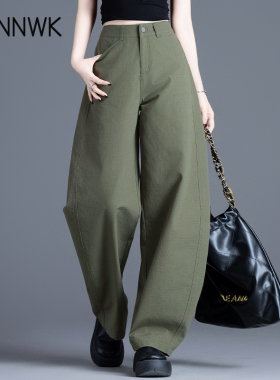 军绿色裤子休闲裤女2025新款春秋季高腰宽松直筒弯刀裤女士小个子