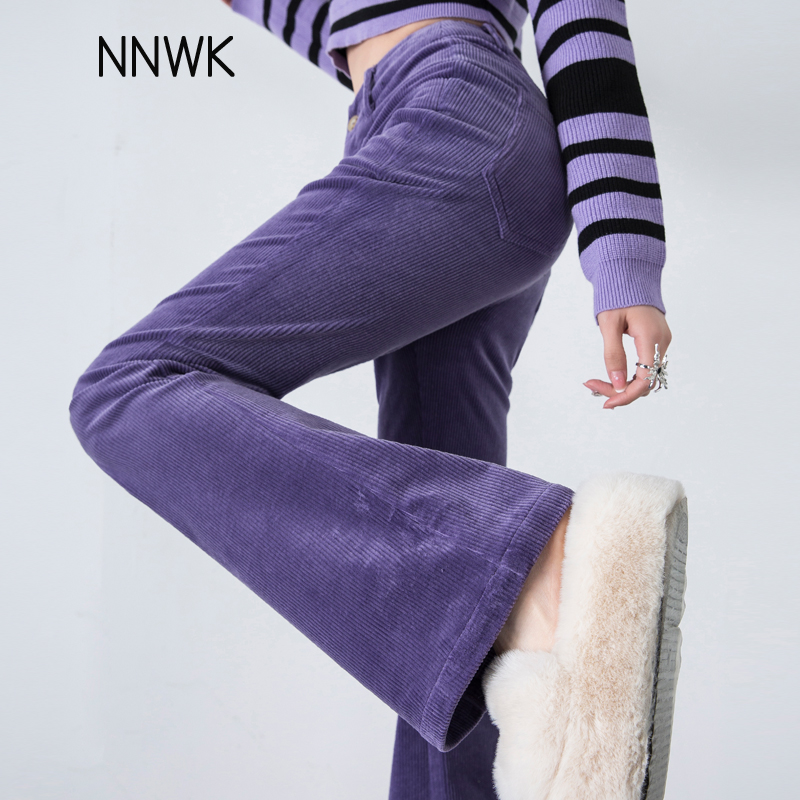 紫色灯芯绒裤子春秋高腰微喇长裤