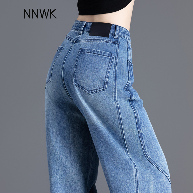 美式直筒牛仔裤女高腰窄版阔腿裤