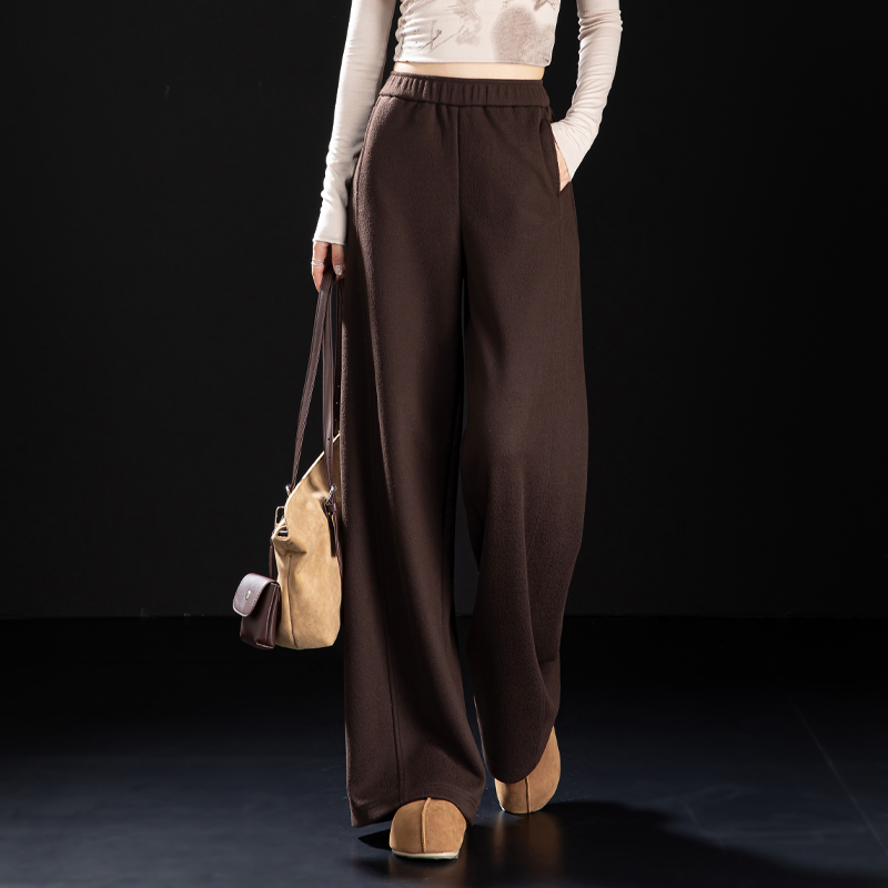 宽松慵懒风棕色毛呢休闲阔腿裤女