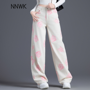 直筒裤 清仓设计感小众刺绣提花米色牛仔裤 窄版 高腰阔腿裤 女春秋季