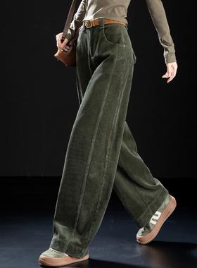 军绿色灯芯绒休闲裤女2025新款秋冬小个子加厚裤子弯刀裤条绒女裤