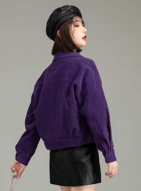 清仓紫色条绒休闲外套女2025新款洋气小个子短款上衣灯芯绒春秋季