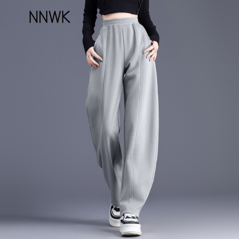 灰色阔腿运动裤宽松松紧腰镰刀裤