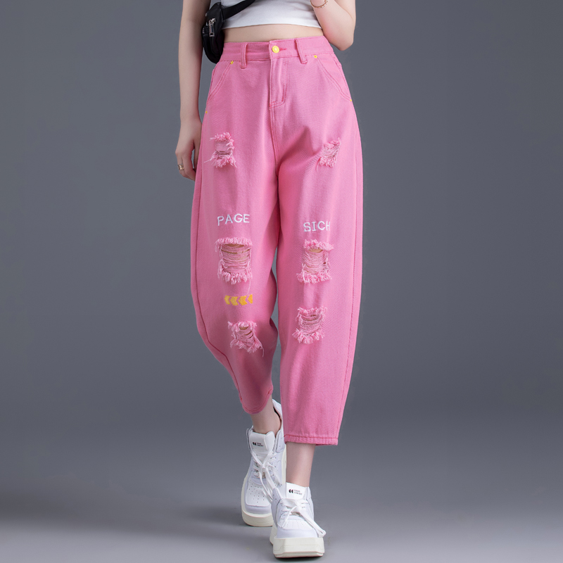 清仓彩色牛仔裤女2025年新款爆款春夏季小个子八分九分萝卜裤玫红