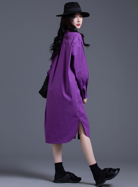 清仓衬衫连衣裙女中长款2026新款春秋季高级感超好看紫色衬衣长裙
