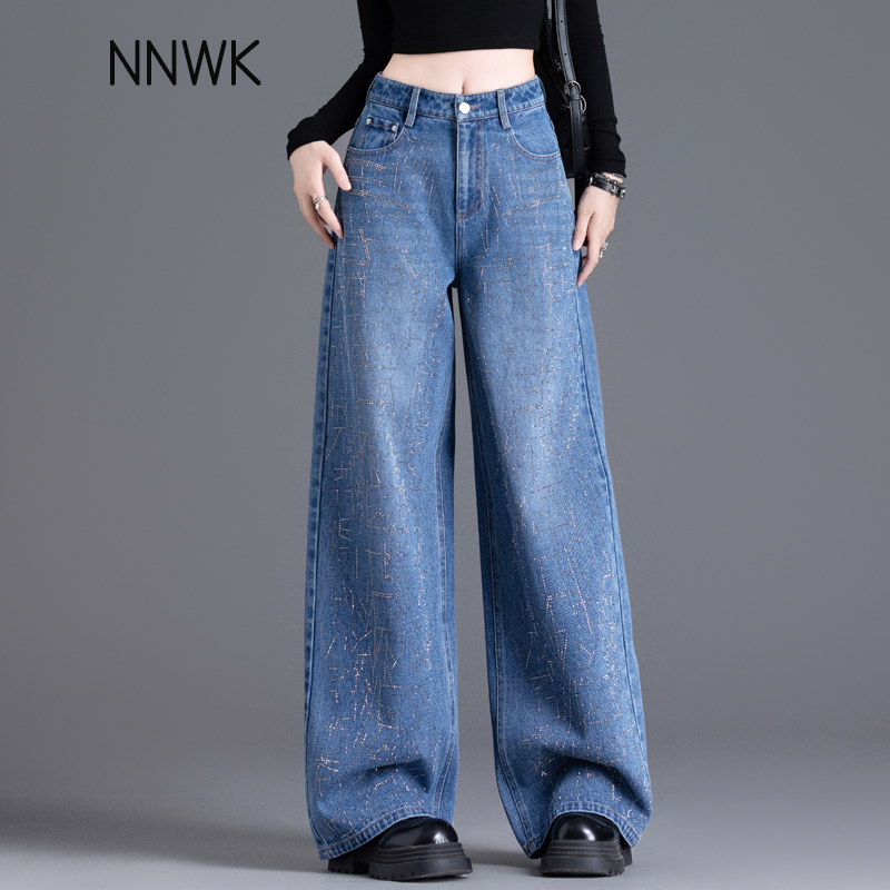 蓝色烫钻牛仔裤女宽松直筒阔腿裤