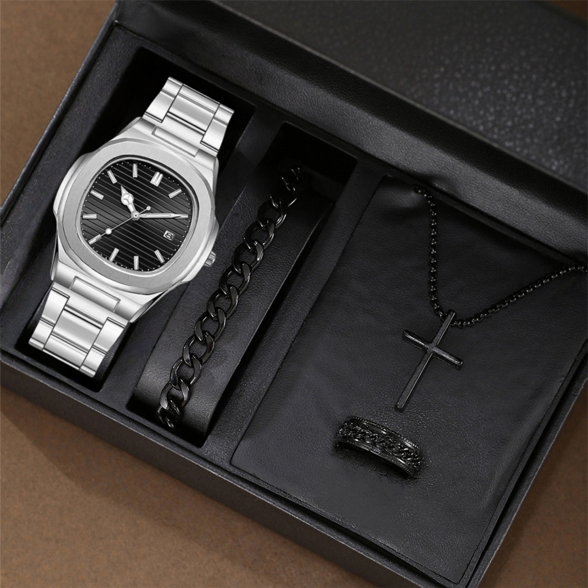 男朋友圣诞节新年礼物商务休闲日历男表饰品四件套礼盒装轻奢手表