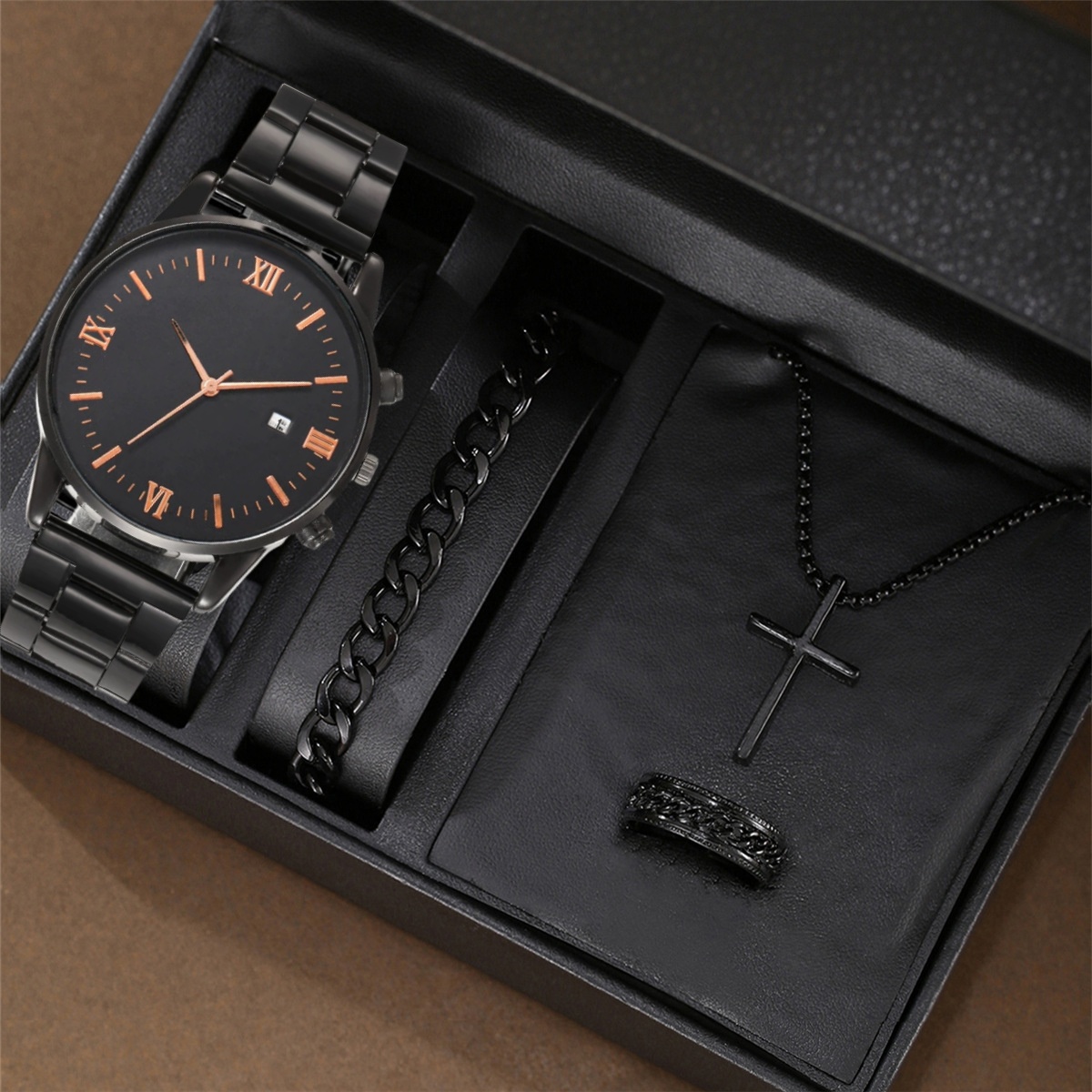 男士潮流时尚大表盘日历手表简约休闲男款商务腕表礼盒装潮男饰品