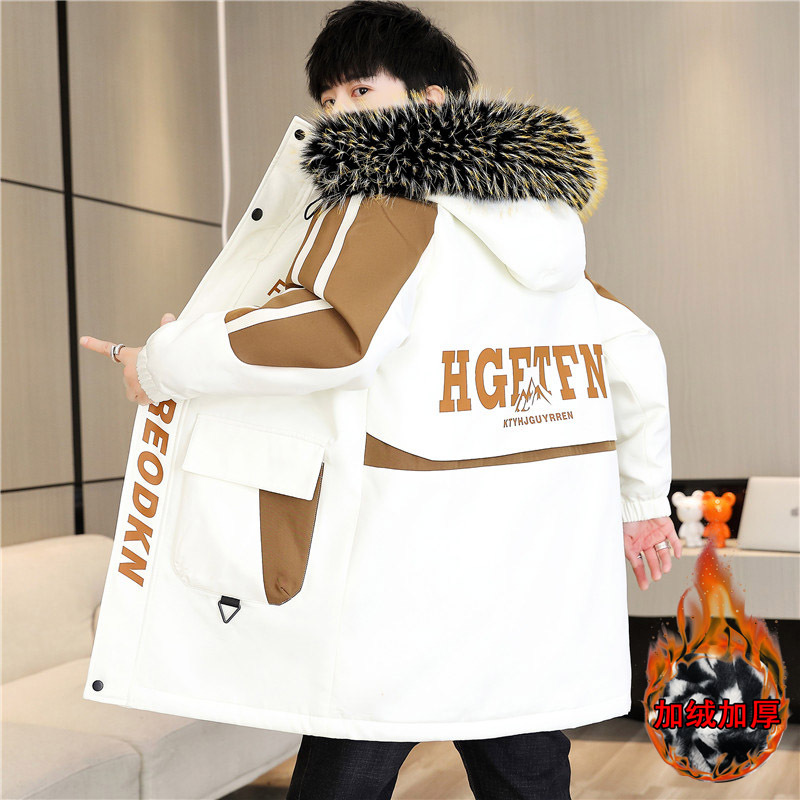 青少年外套男士冬季新款加绒加厚连帽潮流中长工装夹克冲锋衣棉衣