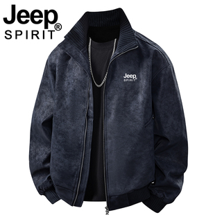 JEEP外套男2026新款春秋美式复古立领潮衣服冬季加绒工装皮衣夹克