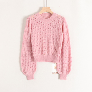 【言】镂空纯色简约百搭清新减龄圆领套头短款针织毛衫女26春装新