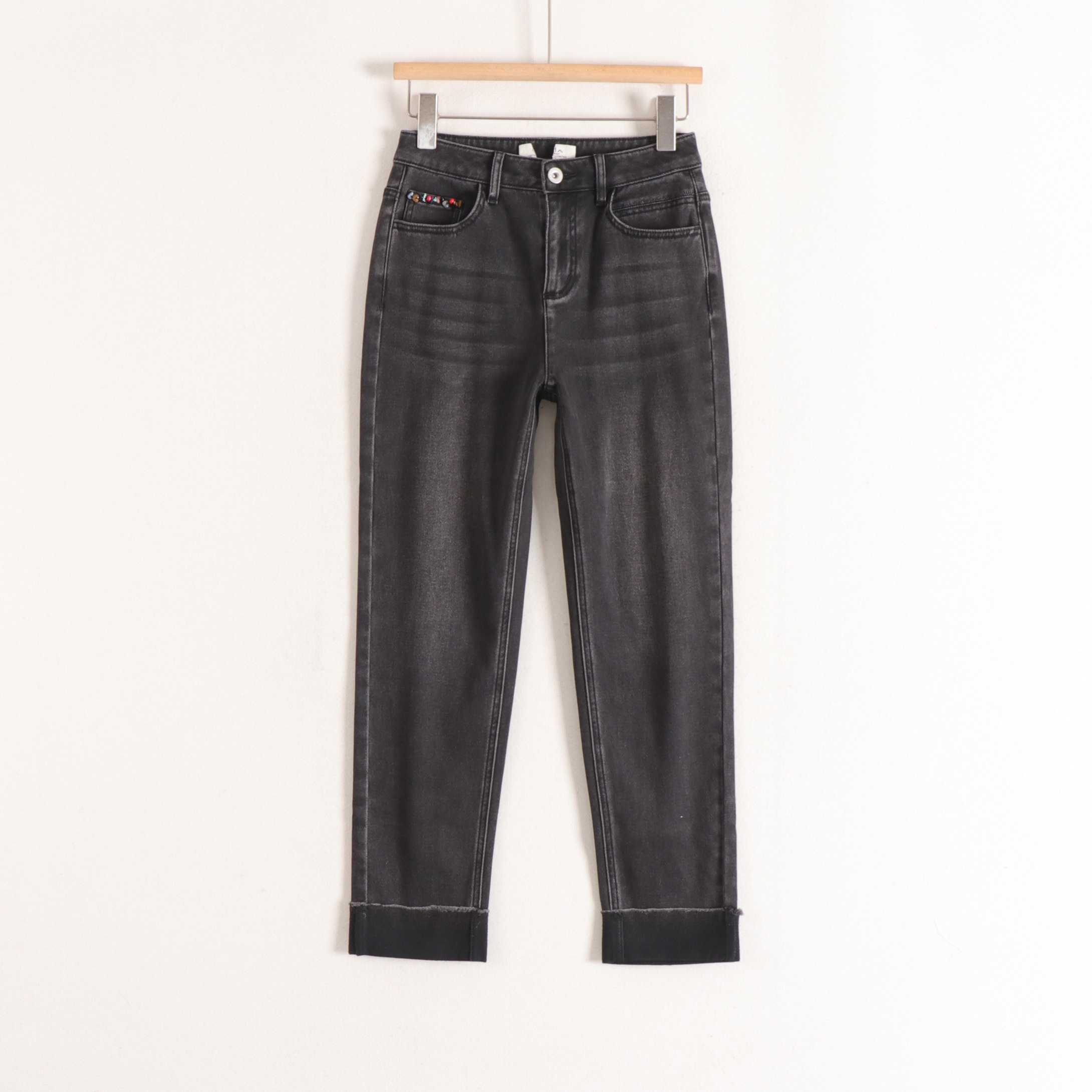 丽系列加绒柔软卷边高腰磨白简约百搭九分牛仔裤女25冬装新款撤柜