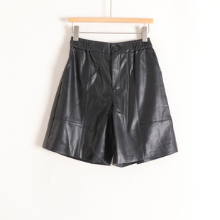 言 新款 松紧高腰阔腿显瘦简约百搭PU皮裤 女26春夏装 撤柜 中裤