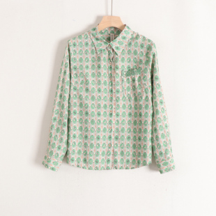 女26春装 衬衫 复古印花宽松直筒轻熟优雅polo领长袖 询价撤柜 言