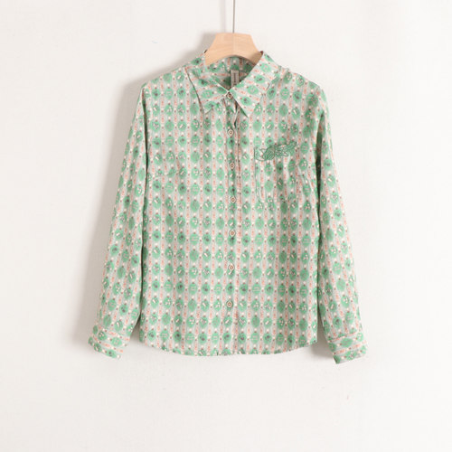 【言】复古印花宽松直筒轻熟优雅polo领长袖衬衫女26春装询价撤柜