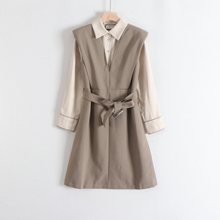 丽系列polo领流苏明线宽松直筒衬衫+V领收腰背心裙两件套裙25冬装