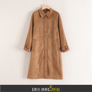 朵系列仿麂绒皮polo领插肩袖 宽松直筒简约气质复古中长风衣秋装