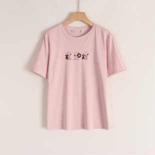 含桑蚕丝 舒适亲肤卡通印花亮片简约气质百搭宽松直筒T恤女25夏装