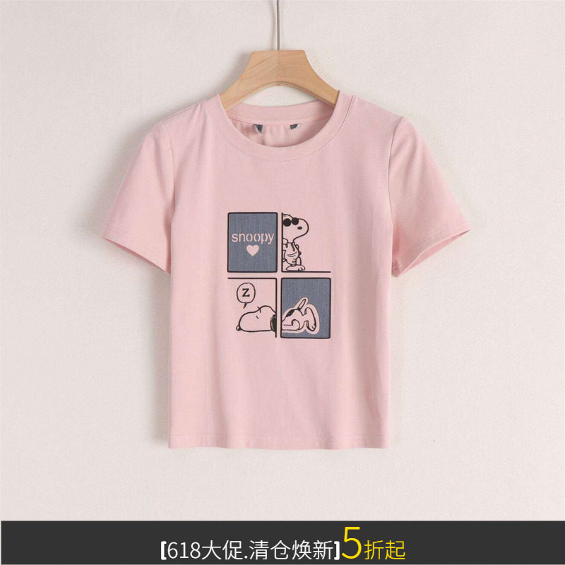 朵系列徕卡弹力棉修饰短款趣味卡通动漫印花减龄甜美T恤女初秋