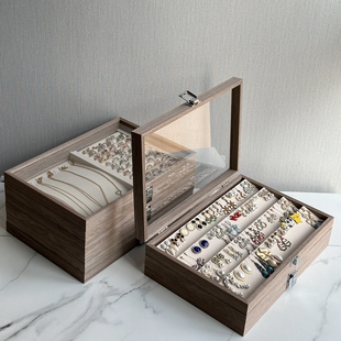 大号松木制首饰品展示盒透明玻璃盖店铺格子手链项链宽戒指耳环盘
