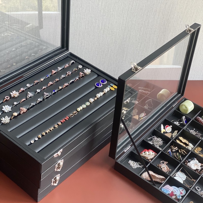 高档黑色PU皮带盖首饰盒戒指收纳托盘耳环耳钉项链陈列柜台展示架