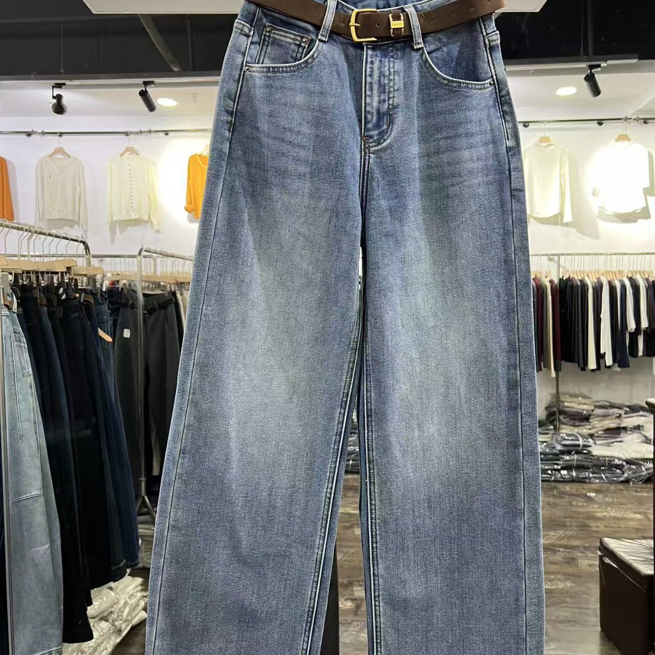 加绒阔腿牛仔裤直筒裤