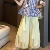 鏤空鉤花闊腿褲女夏新高腰松緊百搭寬松休閑九分褲燈籠褲特0.33