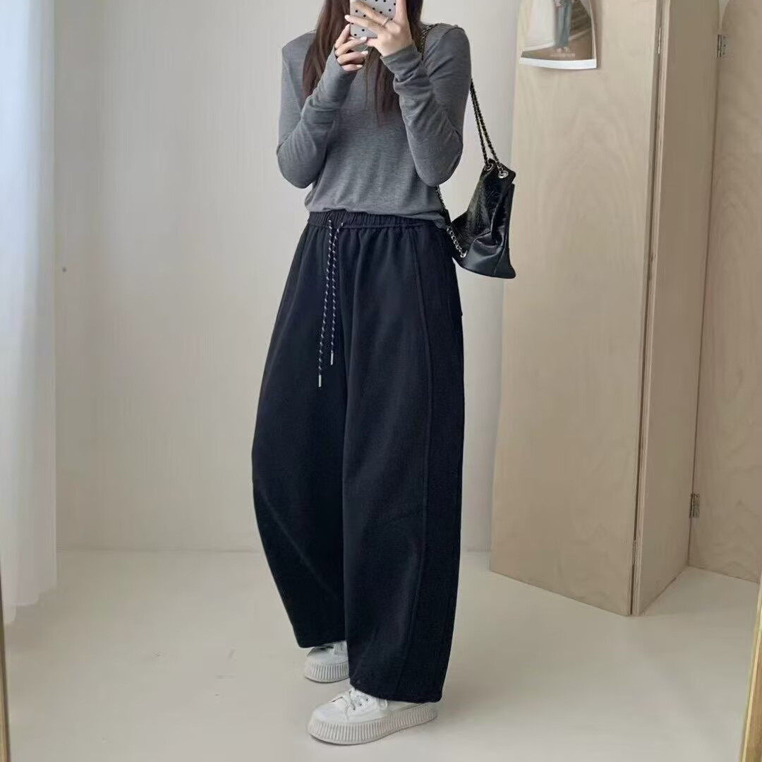 加绒加厚阔腿休闲裤女冬季新款松紧腰抽绳宽松休闲气球裤固0.88