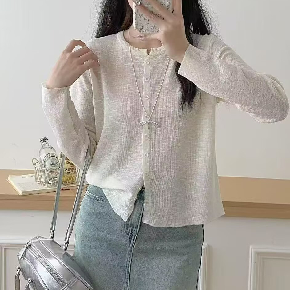 圆领单排扣针织开衫女春夏新款宽松显瘦百搭休闲薄款毛衣特0.2