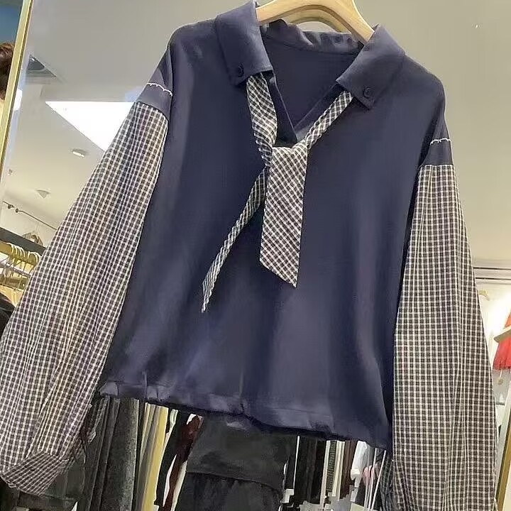 格子拼接袖翻领衬衣宽松