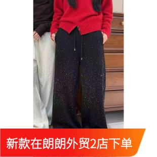 松紧腰抽绳烫钻阔腿直筒弯刀裤 女春秋休闲宽松百搭显瘦 卫裤