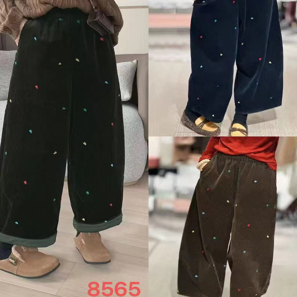 灯芯绒刺绣阔腿裤弯刀裤